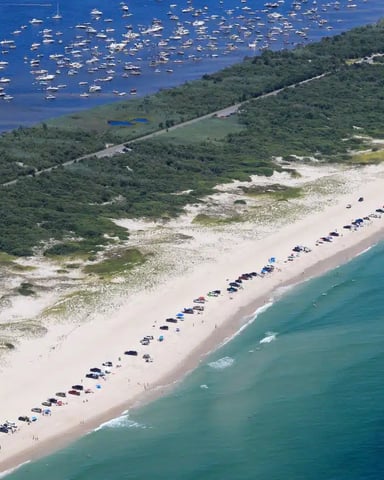Aerial view of sandy beach lined with parked vehicles, turquoise water, and forested coastline with anchored boats offshore