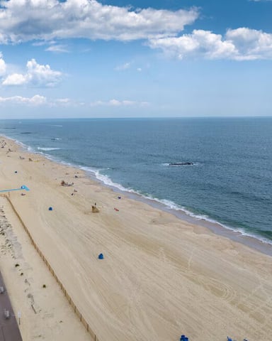 Aerial view of wide sandy beach with scattered beachgoers, ocean waves, and coastal road with parked cars and buildings